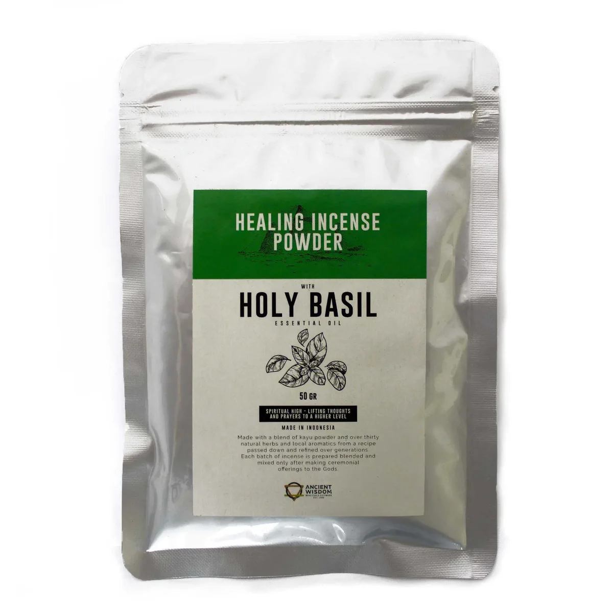 Healing Incense Powder container with holy basil incense powder, 50gm packaging for spiritual use
