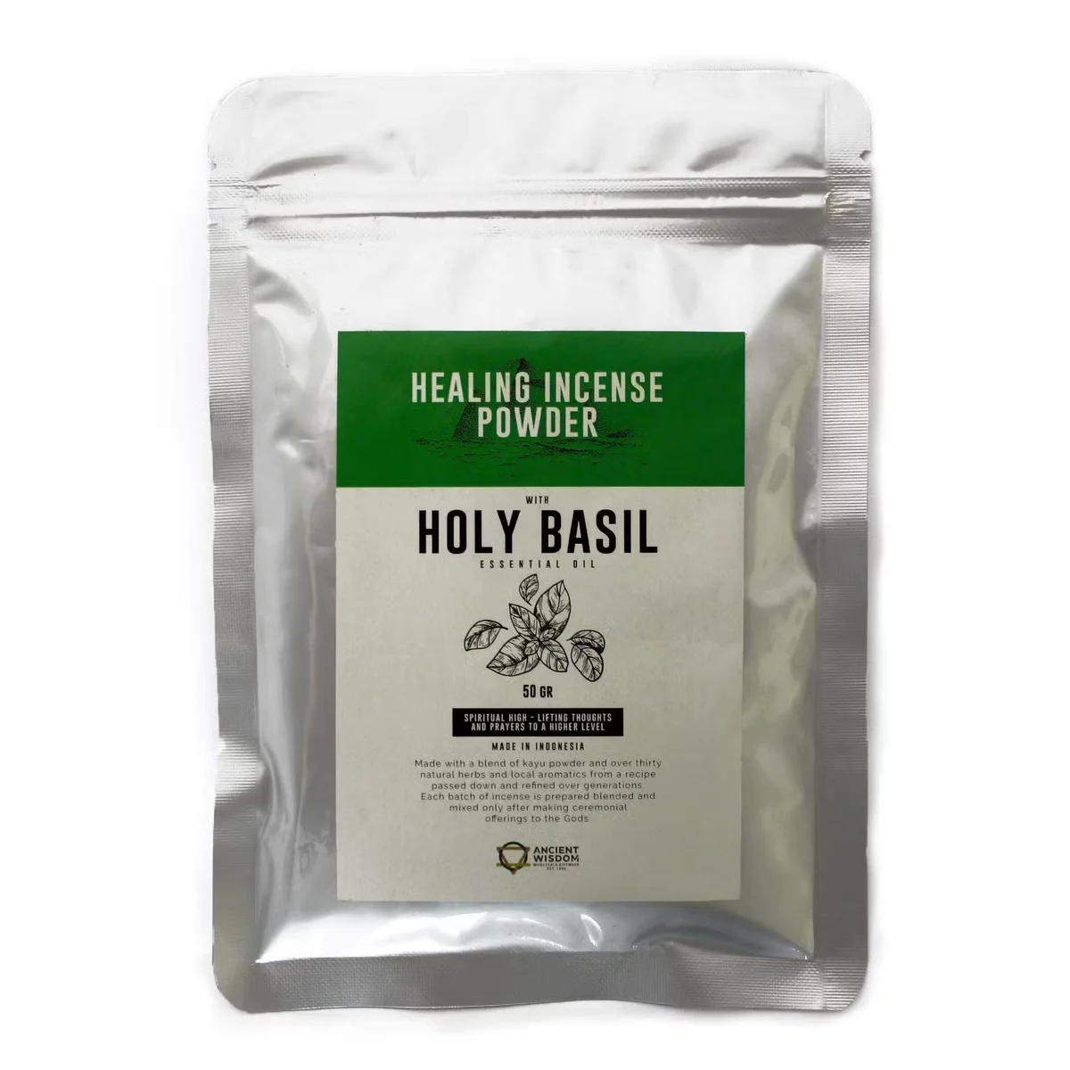 Healing Incense Powder Holy Basil 50gm pack with loose powder for aromatherapy incense use on a white background