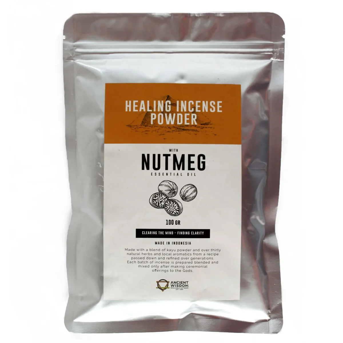 Healing Incense Powder Nutmeg 100gm in a clear bag with brown nutmeg incense powder visible inside