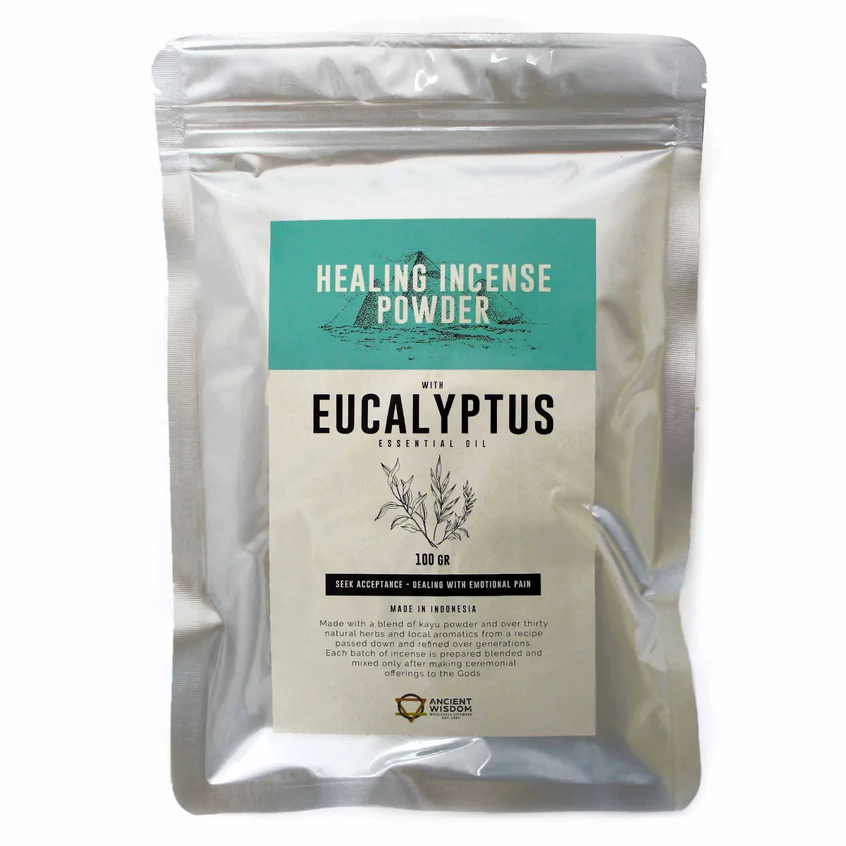 Healing incense powder eucalyptus in a 100gm clear pouch with green and white label on a white background