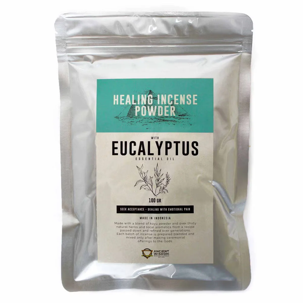Healing Incense Powder 100gm in a clear bag with green eucalyptus leaves, eucalyptus scented incense displayed on a white background