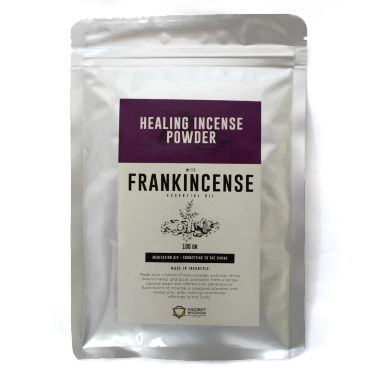 Healing incense powder frankincense in a 100gm clear container with label on a white background