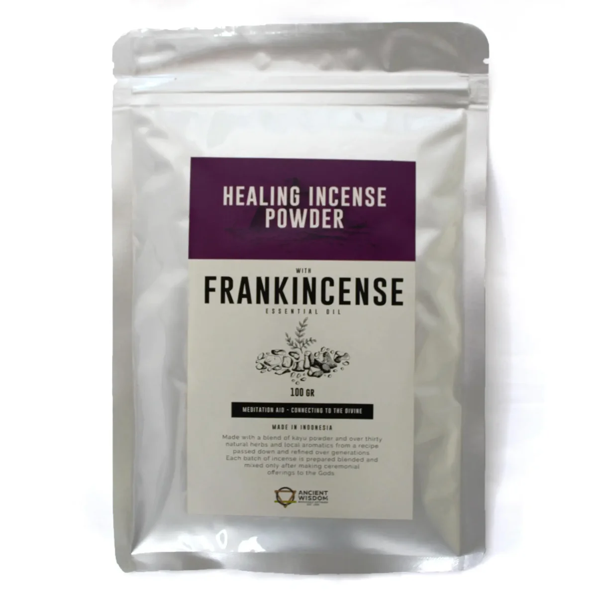 Healing incense powder in a clear container labeled frankincense incense powder 100gm on a white background