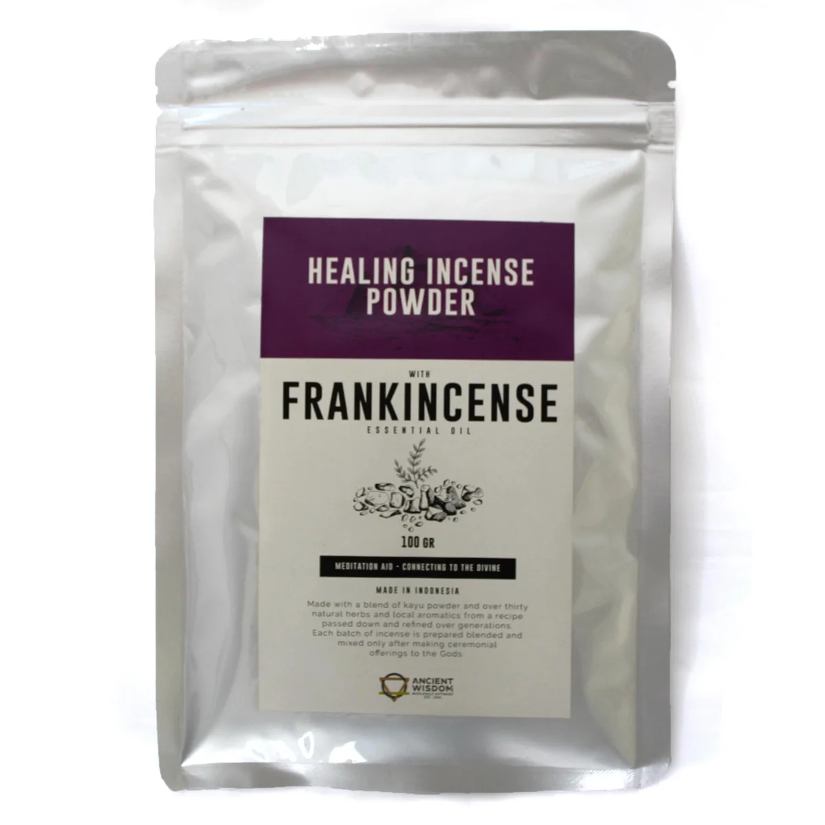 Healing Incense Powder Frankincense 100gm in a clear container showing fine, light brown powder texture
