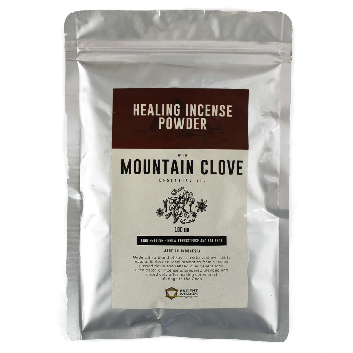 Healing Incense Powder Mountain Clove 100gm natural incense powder in clear packaging with label on white background
