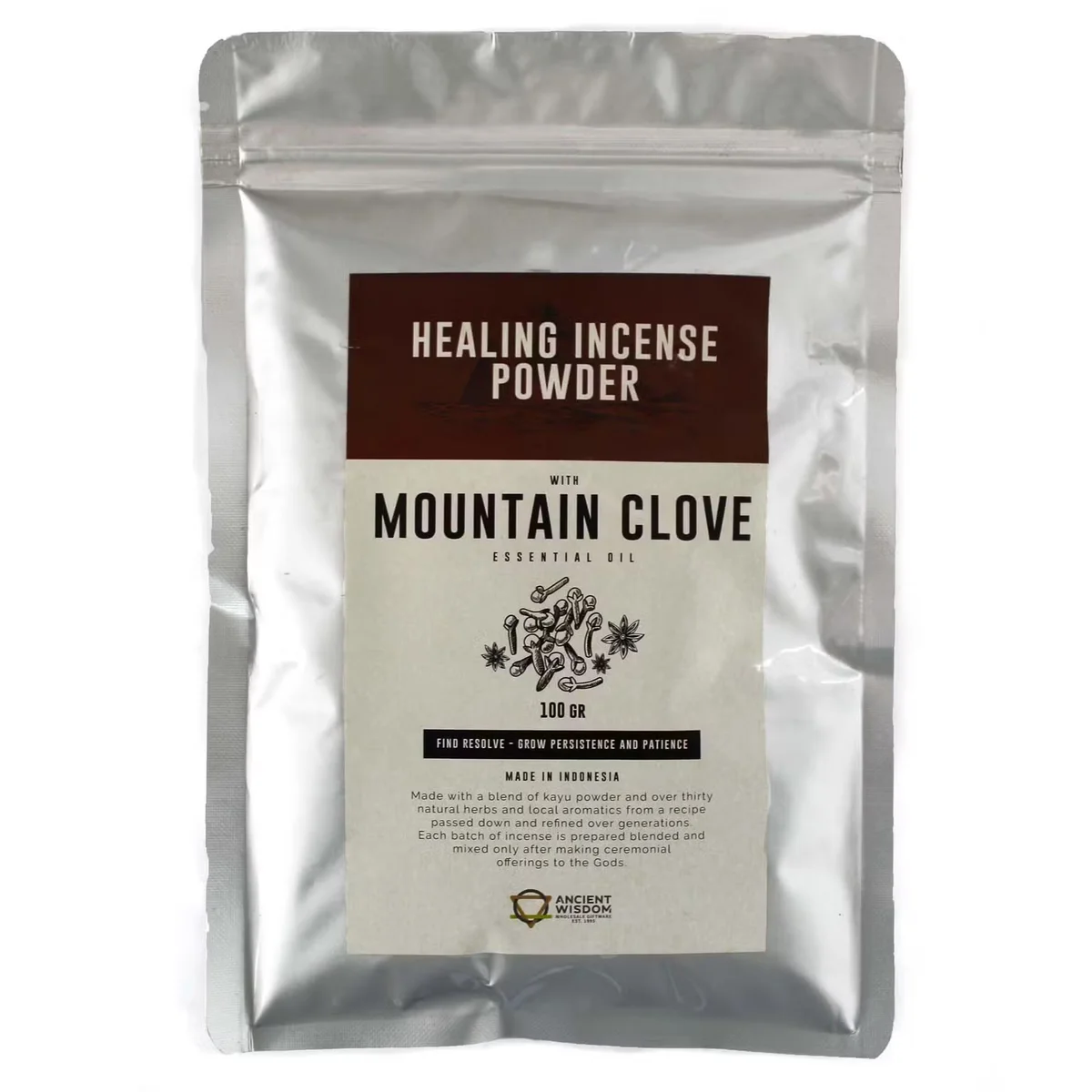 Healing Incense Powder Mountain Clove 100gm in a clear pouch for aromatherapy incense UK use on a white background