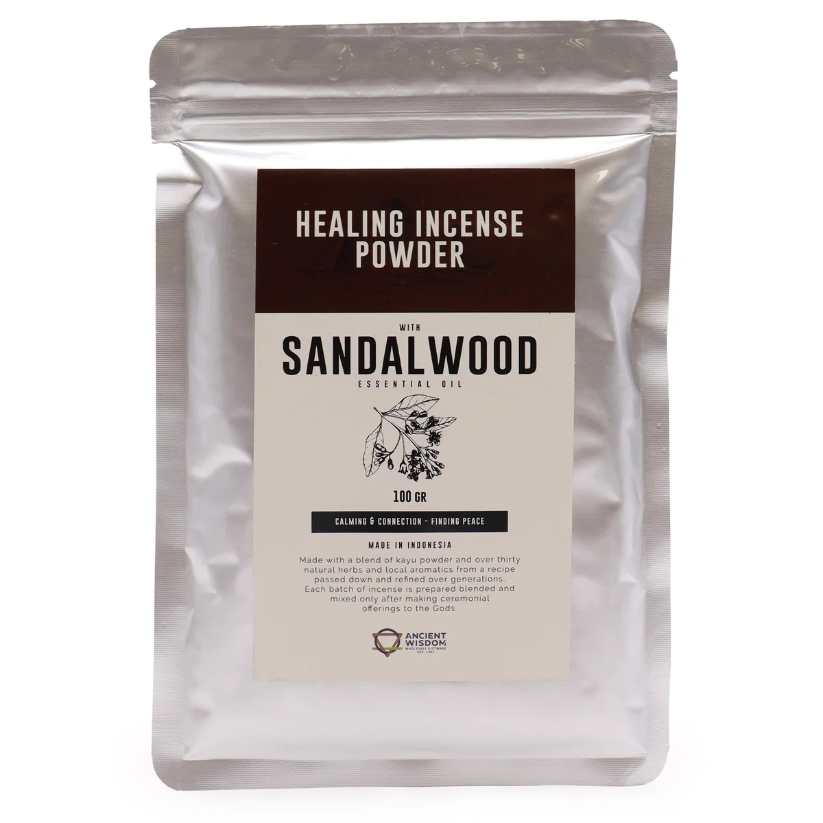Healing Incense Powder Sandalwood 100gm container with loose incense powder beside it on a white background