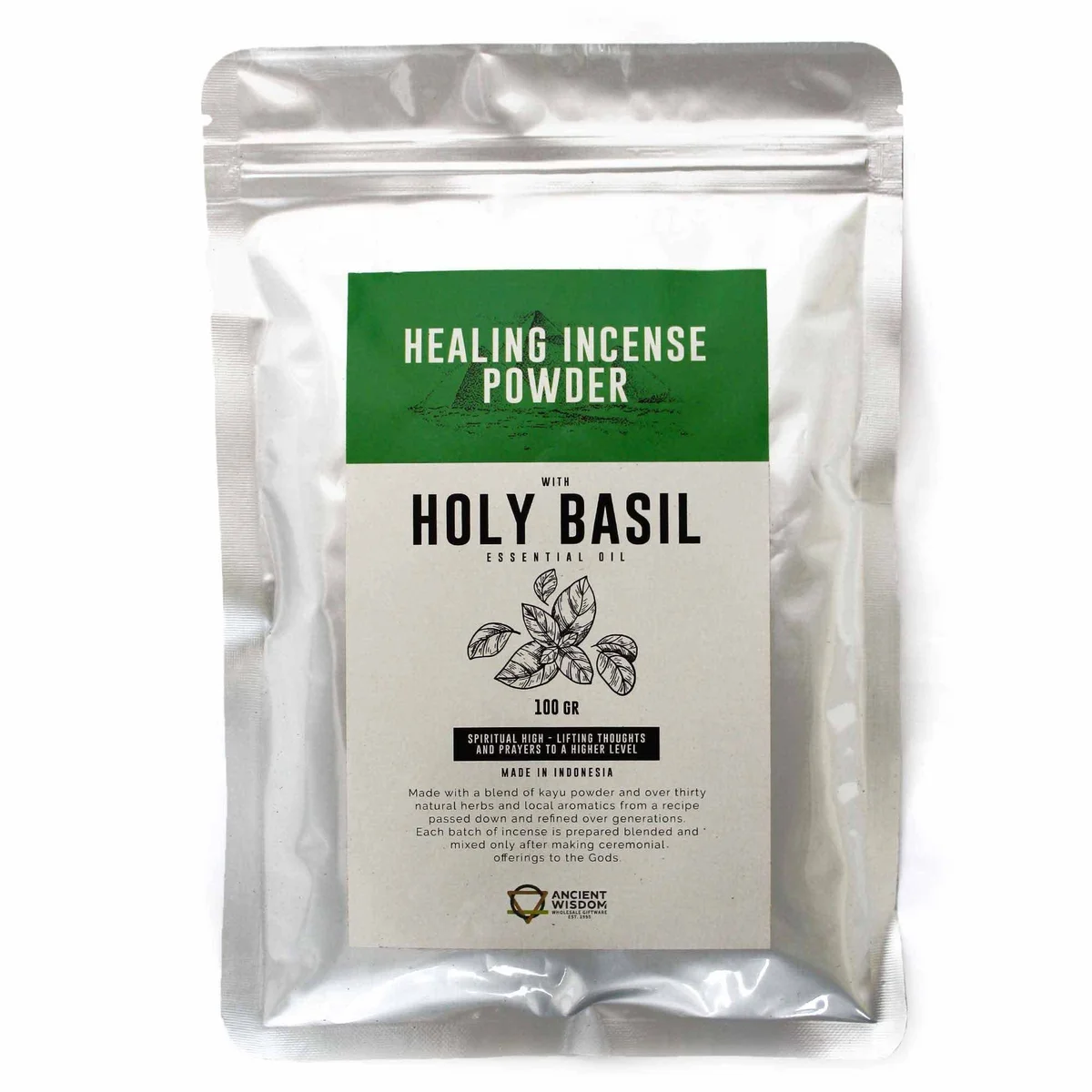Healing incense powder in a 100gm container labeled Holy Basil incense powder for spiritual use