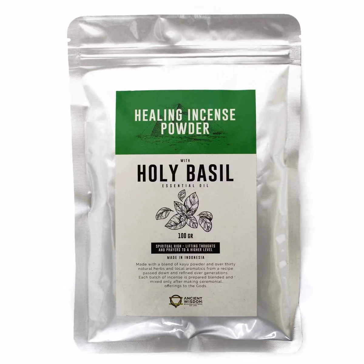 Healing Incense Powder Holy Basil 100gm in a clear pouch with green and white label on a white background