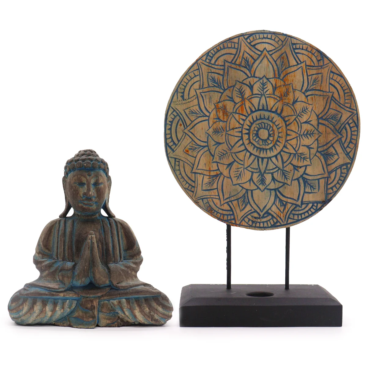 Blue Buddha ornament with flower mandala design in a Feng Shui decorative set