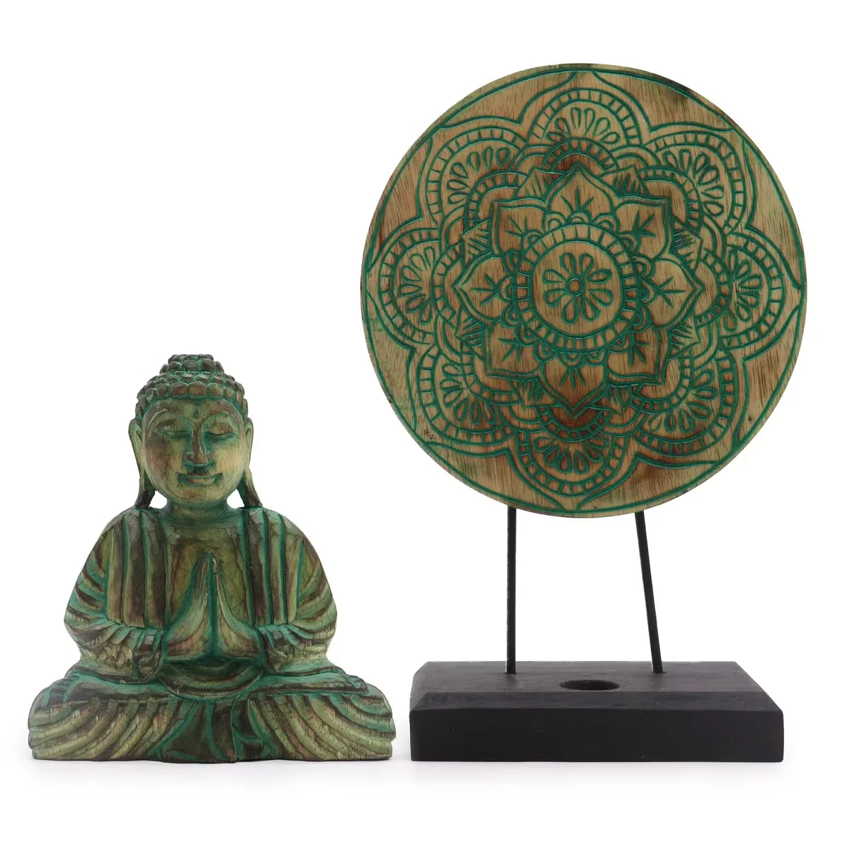 Green Buddha Feng Shui set featuring a Buddha knot, ideal Buddha figurine gift for home decoration and positive energy