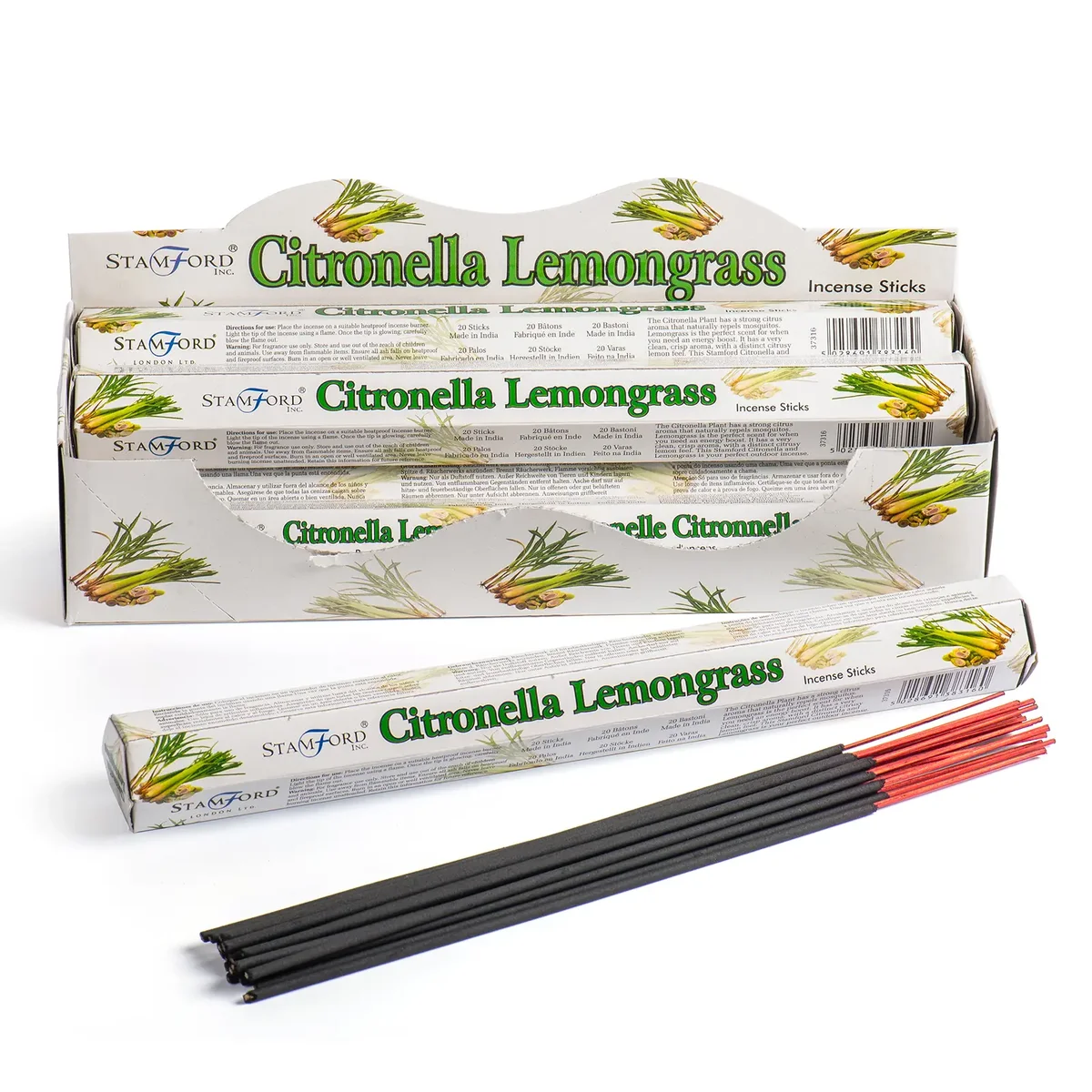 Premium lemongrass incense sticks displayed.