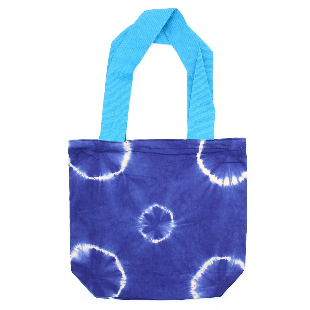 blue tie-dye tote bag made of natural cotton, featuring blue rings and blue handle, dimensions 38x42x12 cm, capacity 8 oz
