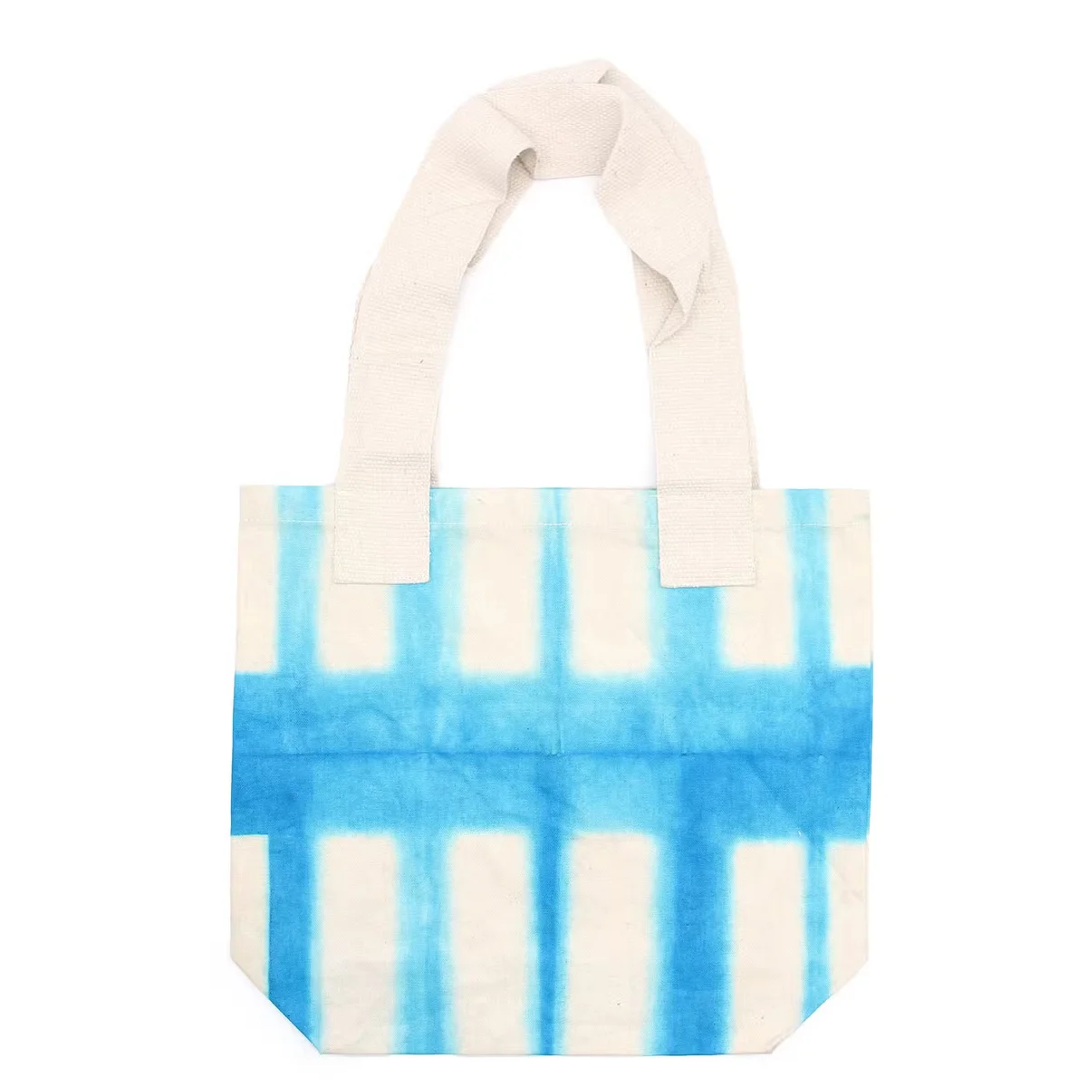Natural handle cotton tote bag with sky blue block pattern, 38x42x12cm size, 8oz capacity.