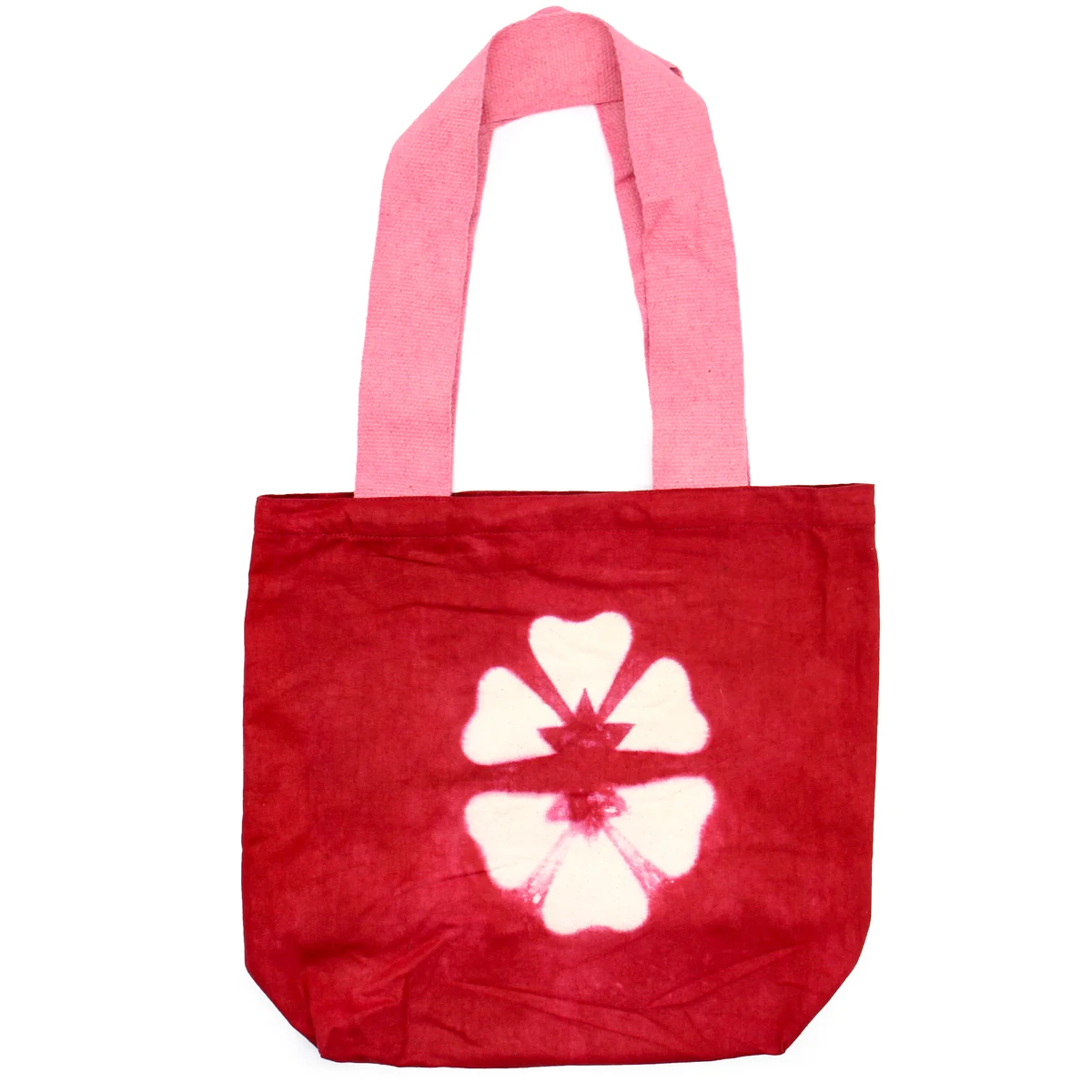 Maroon flower bag with natural tye-dye cotton fabric, pink handles, size 38x42x12cm, 8oz weight