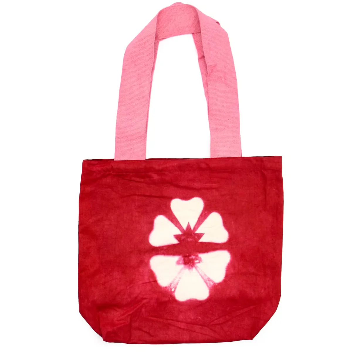 Maroon flower natural tye-dye cotton bag with pink handle tote, 38x42x12cm, 8oz fabric weight