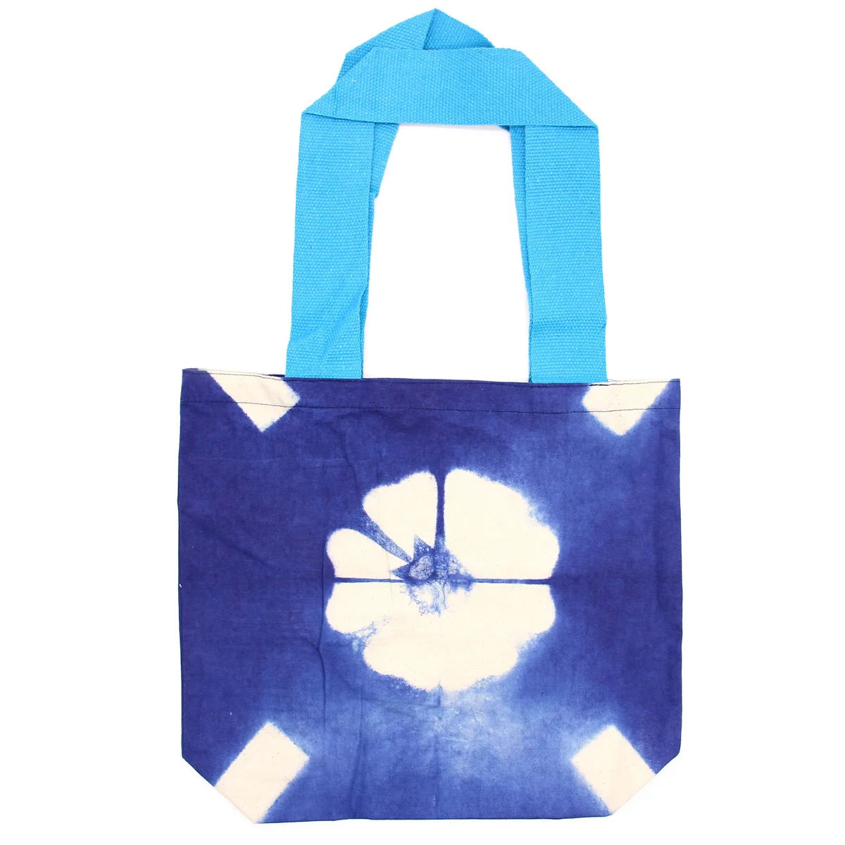 Natural cotton tote bag with blue flower tie-dye pattern and blue handles, 38x42x12cm size