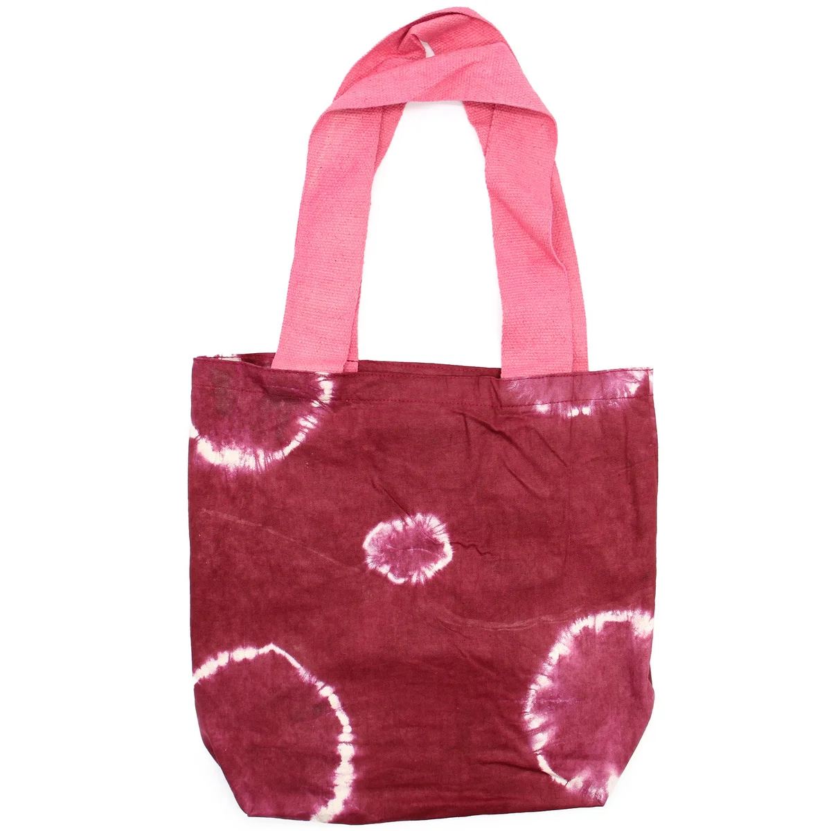 Natural tie-dye cotton bag with maroon rings pattern and pink handles, measuring 38x42x12cm, 8oz fabric weight