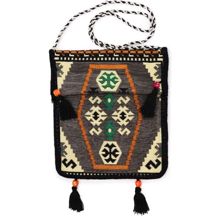 pale grey messenger bag with Kilim pattern, textured woven look, ideal for festivals