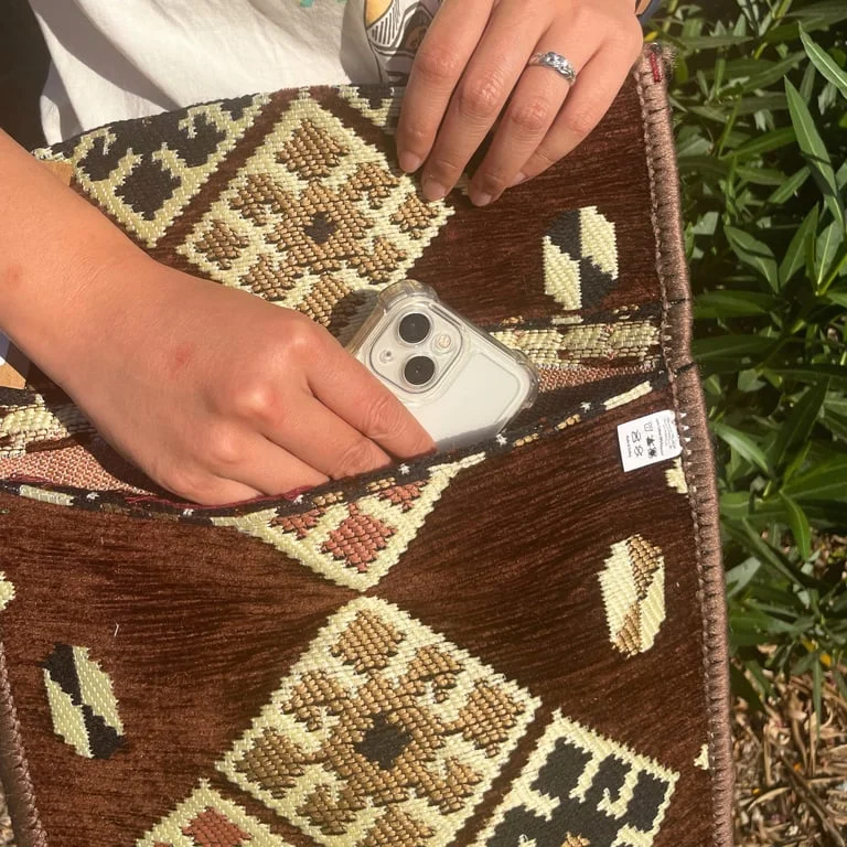 Chocolate coloured Kilim messenger bag, stylish messenger bag, open flap and top handle