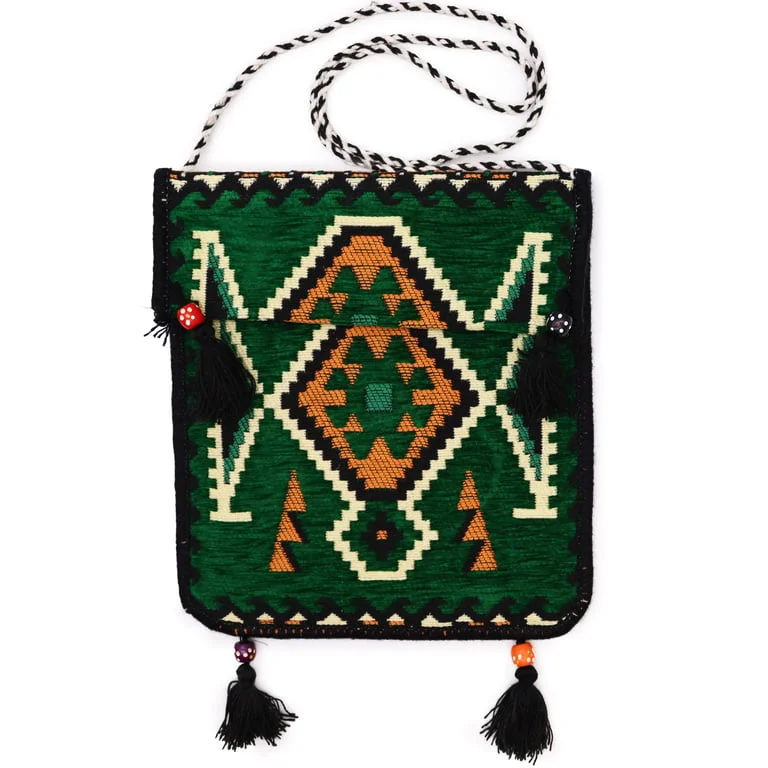 Emerald green messenger bag with kilim pattern