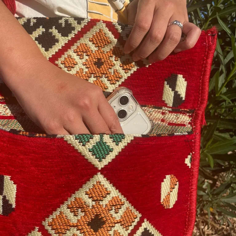 Red Kilim messenger festival bag, boho style handbag.