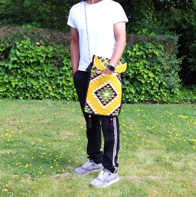 Yellow Kilim messenger festival bag, casual messenger bag with bright yellow woven design