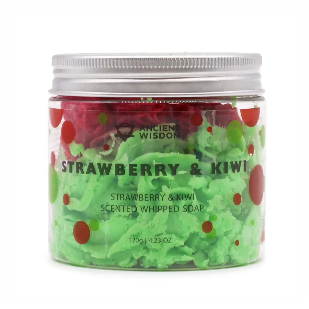 Bright white whipped soap bar with strawberry and kiwi specks, labelled strawberry kiwi soap, 120g.