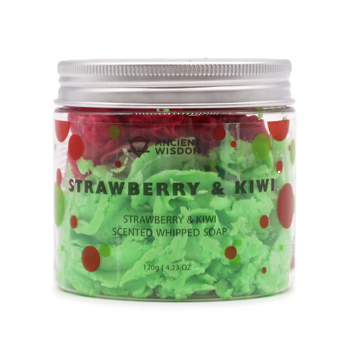 Jar of strawberry and kiwi whipped body soap showing a smooth, creamy texture in pink and green tones