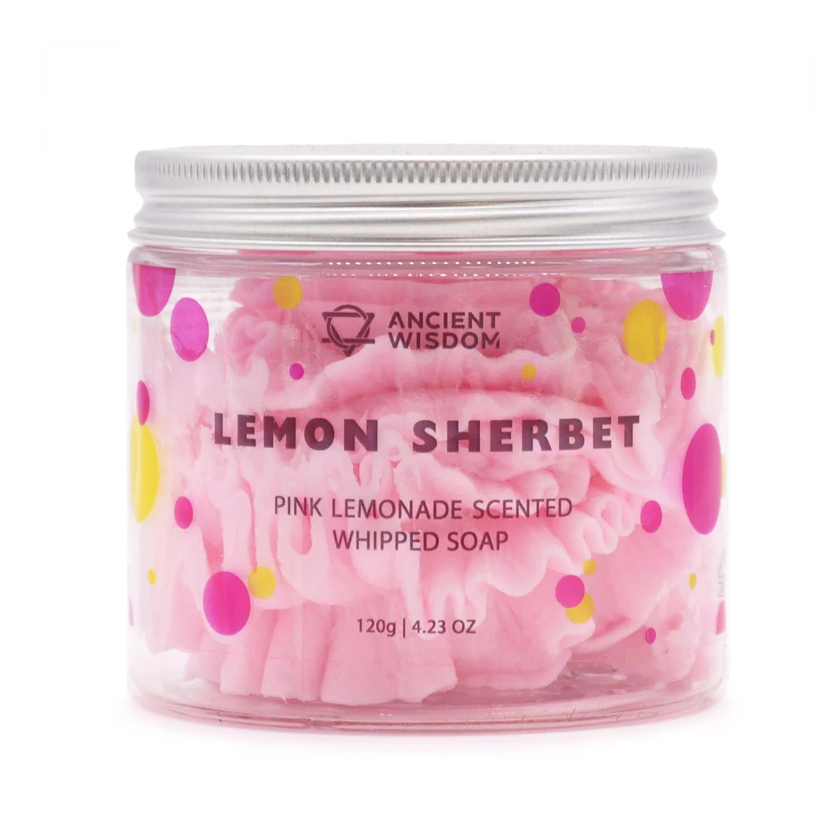 Pink lemonade whipped soap 120g displayed on a white background.