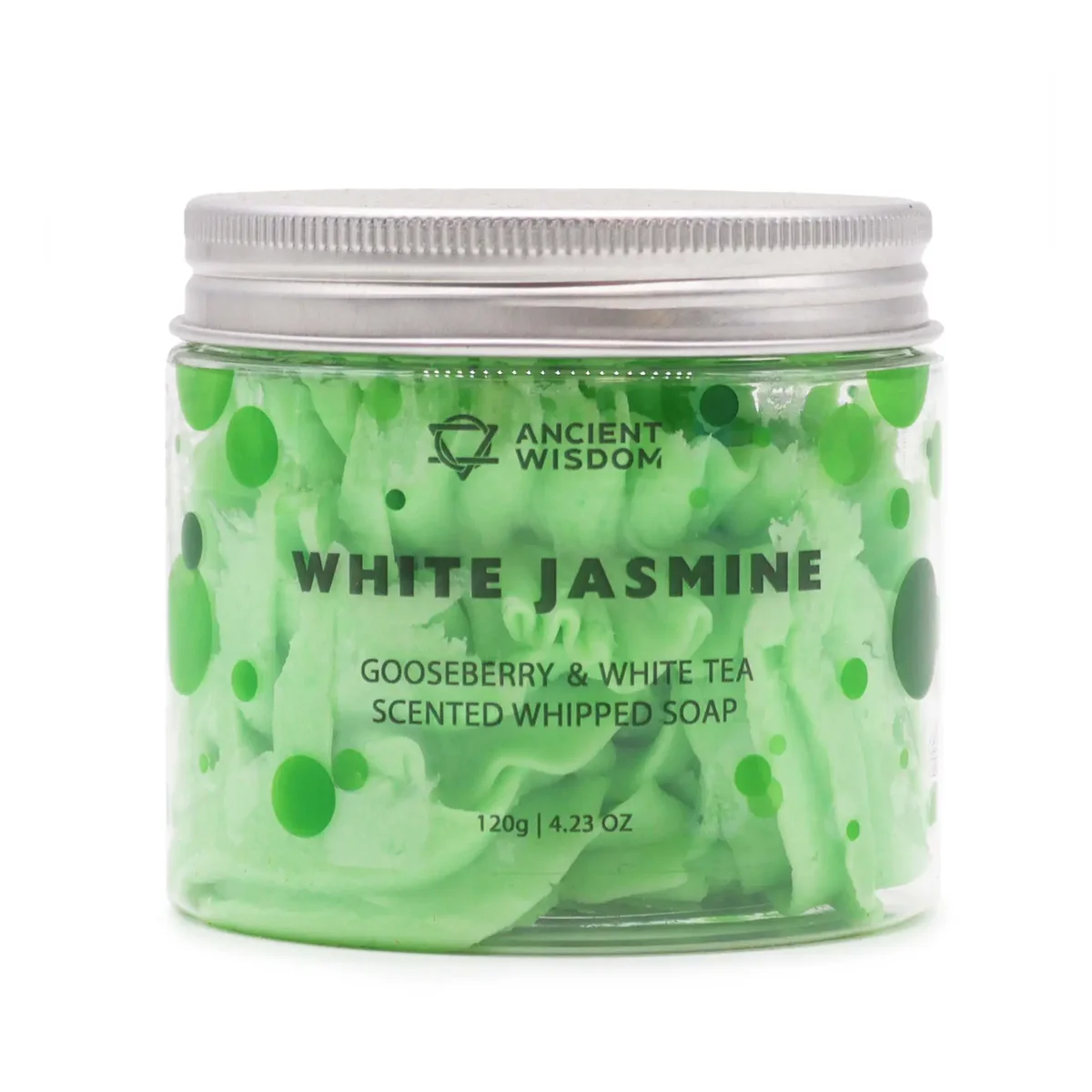 Whipped gooseberry soap UK, 120g, creamy white foam.