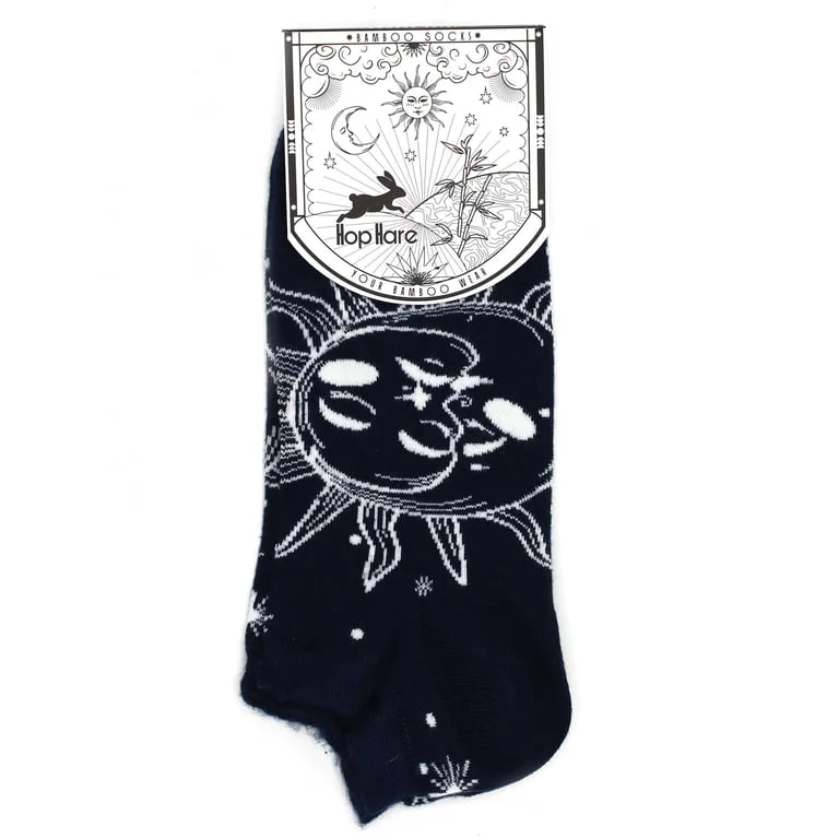 Low cut bamboo socks featuring a sun and moon design.
