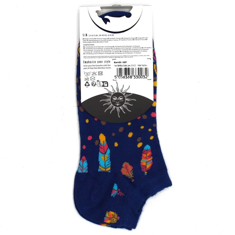Men's socks 7.5-11.5 low cut bamboo with hop hare design and Indian feathers