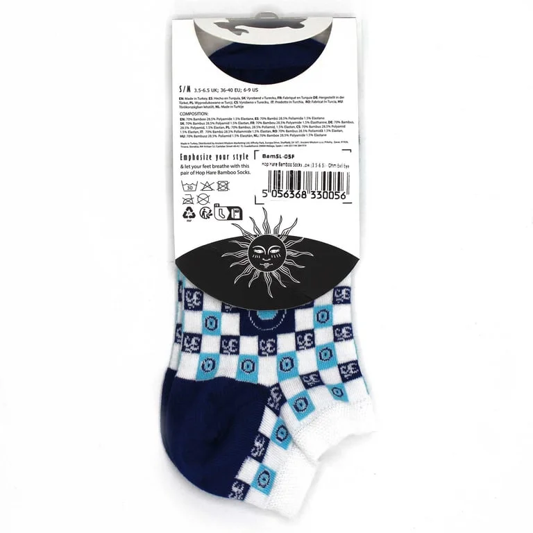 Men's bamboo socks in a low‑rise style featuring an Ohm Evil Eye pattern, displayed flat for easy viewing.