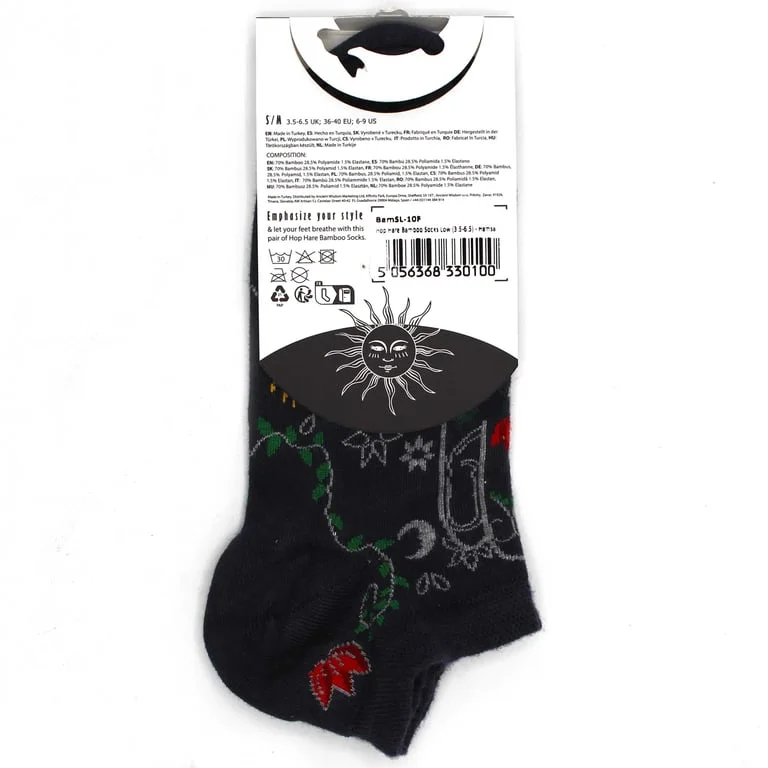 Men's bamboo socks, low cut hop hare design in natural earthy tone, worn on canvas background.
