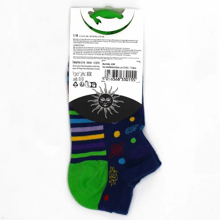 Bamboo low‑cut 7 chakra socks in neutral tones, showing soft fabric and the 7 chakra symbol, M/L sizes.
