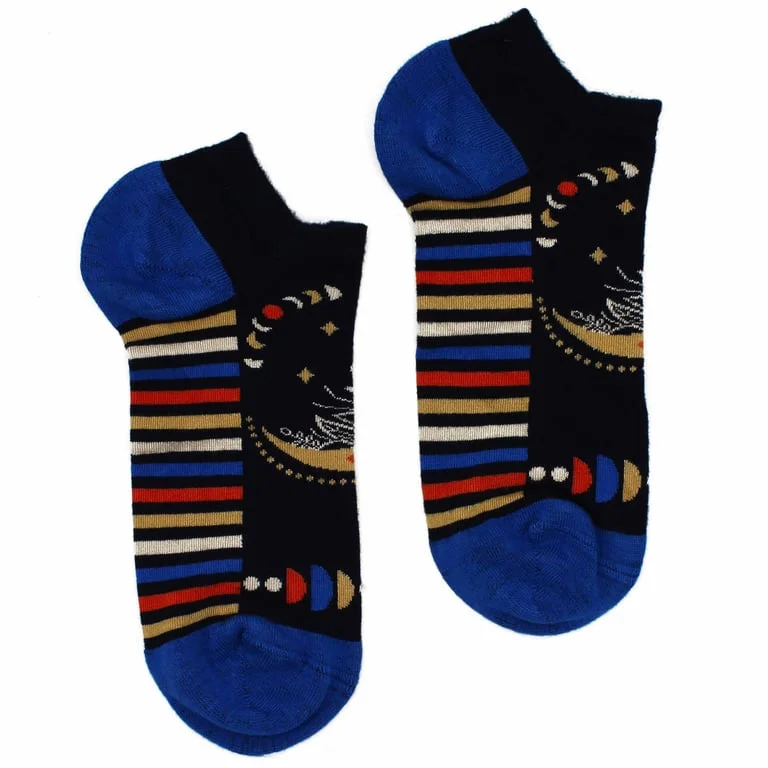 Bright blue and grey bamboo socks in a lunar phases print, shown in a low cut pack.