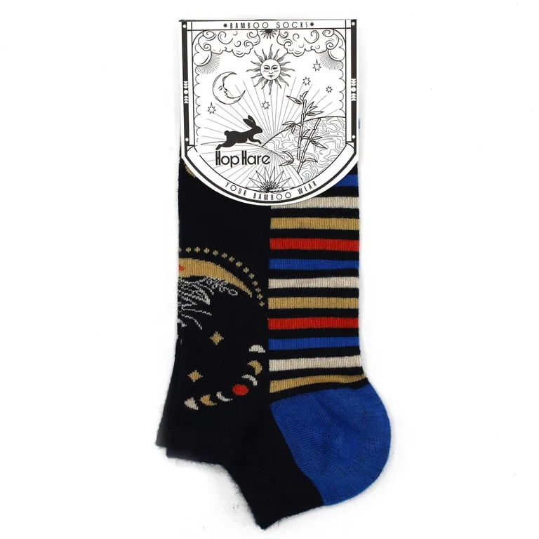 Pair of low cut bamboo socks showing a lunar phases pattern on soft fabric socks.