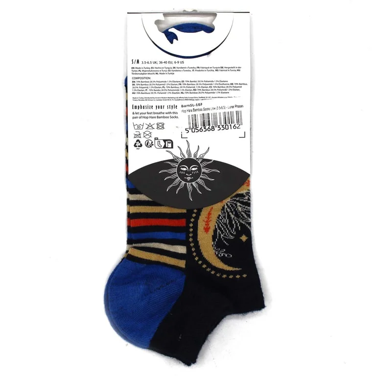 Men's bamboo socks with lunar phases design, low cut, folded and displayed on a simple background.