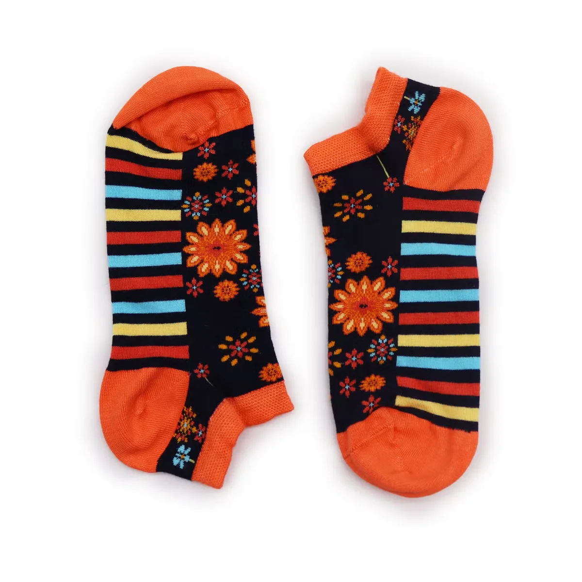 Pair of S/M socks 3.5-6.5 with low cut design featuring colorful mandala flower patterns made from bamboo fabric