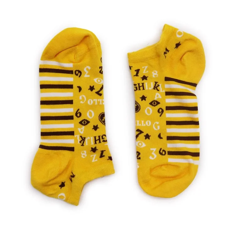 S/M bamboo socks featuring hop and hare design in low cut (S/M size) on a neutral background.