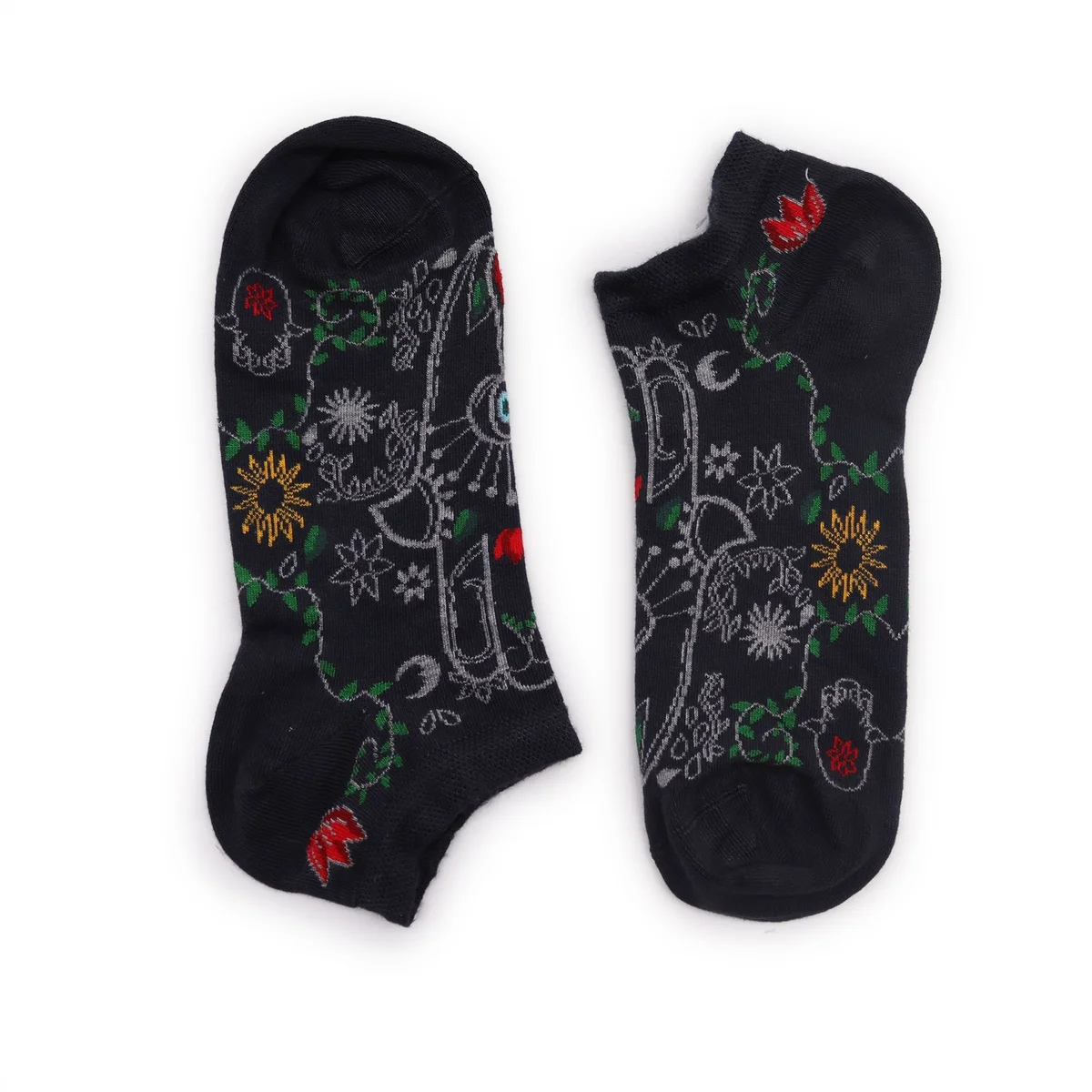 Pair of S/M Hop Hare low-cut bamboo socks in Hamsa design, size 3.5-6.5, laid flat on white background