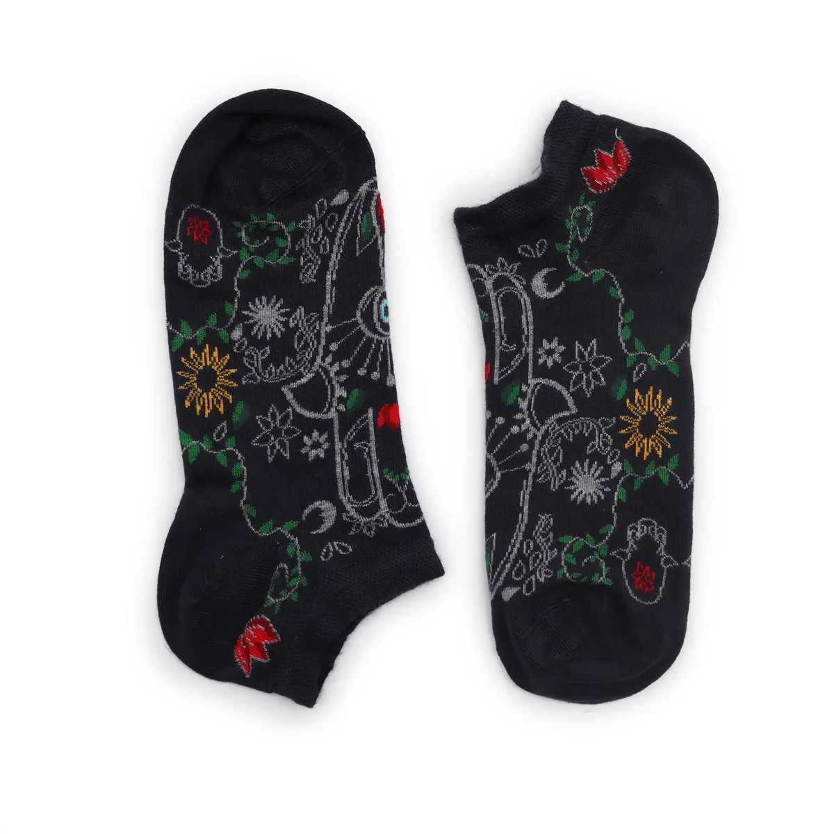Pair of S/M Hop Hare bamboo low cut socks in Hamsa design, size 3.5-6.5, displayed flat on white background