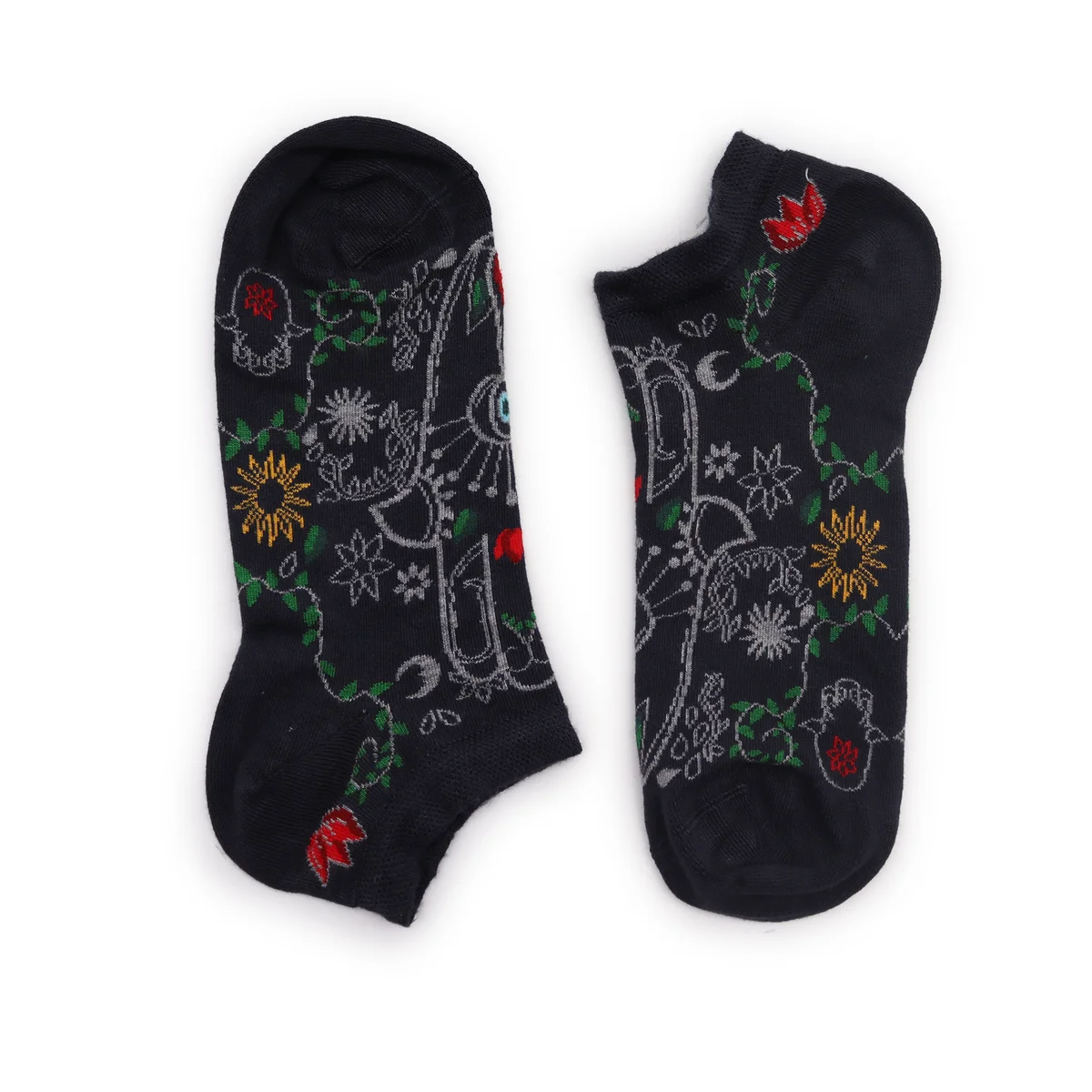 Pair of low-cut S/M hop hare socks in bamboo fabric featuring a Hamsa design, UK shoe size 3.5-6.5