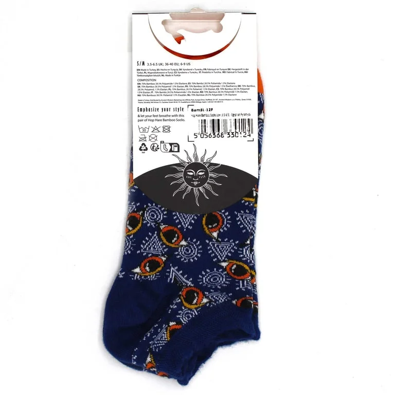 Low cut bamboo hop hare socks (S/M 3.5‑6.5) in a compact pack