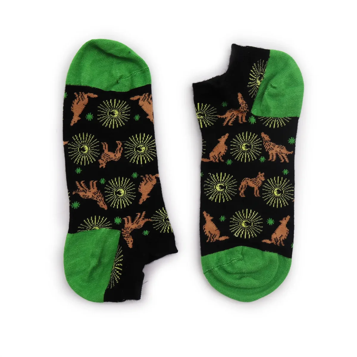 Pair of S/M low cut socks featuring moonlight wolf design made from bamboo fabric