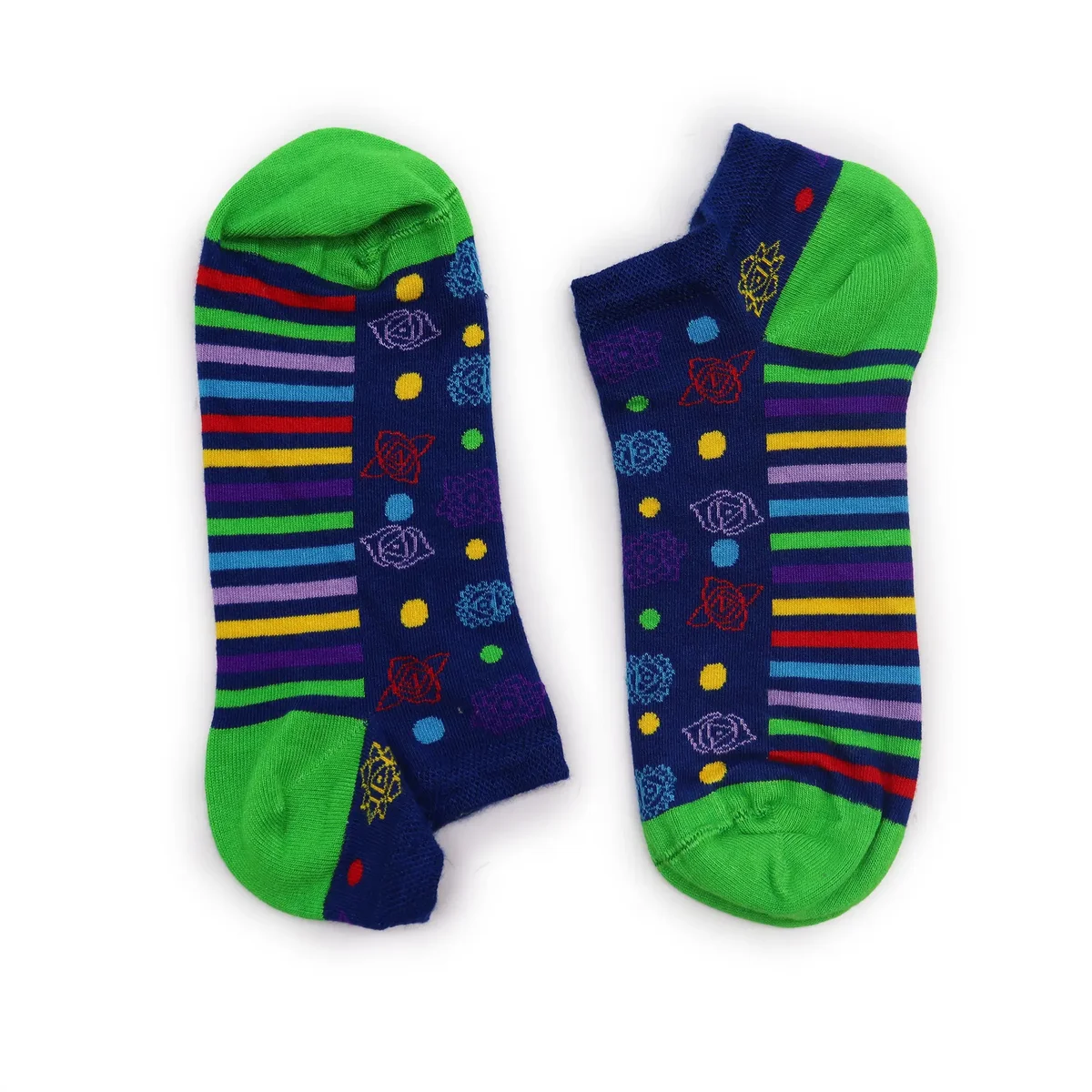 Pair of S/M Hop Hare low bamboo socks featuring 7 chakra socks design in size 3.5-6.5 UK