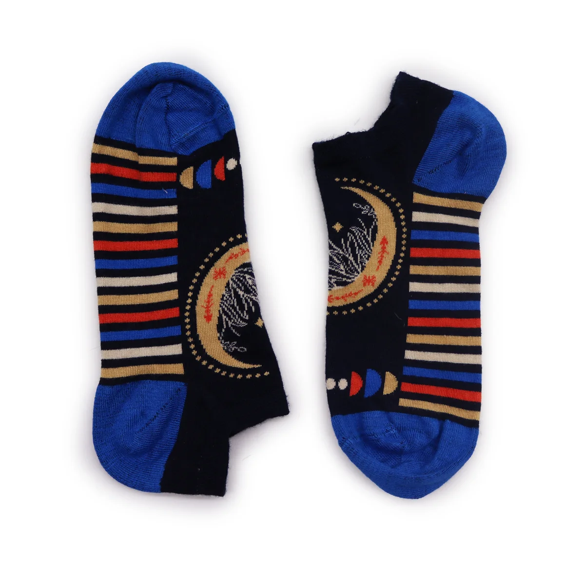 Pair of S/M Hop Hare low bamboo socks featuring a lunar phases design in soft neutral tones lunar phases socks