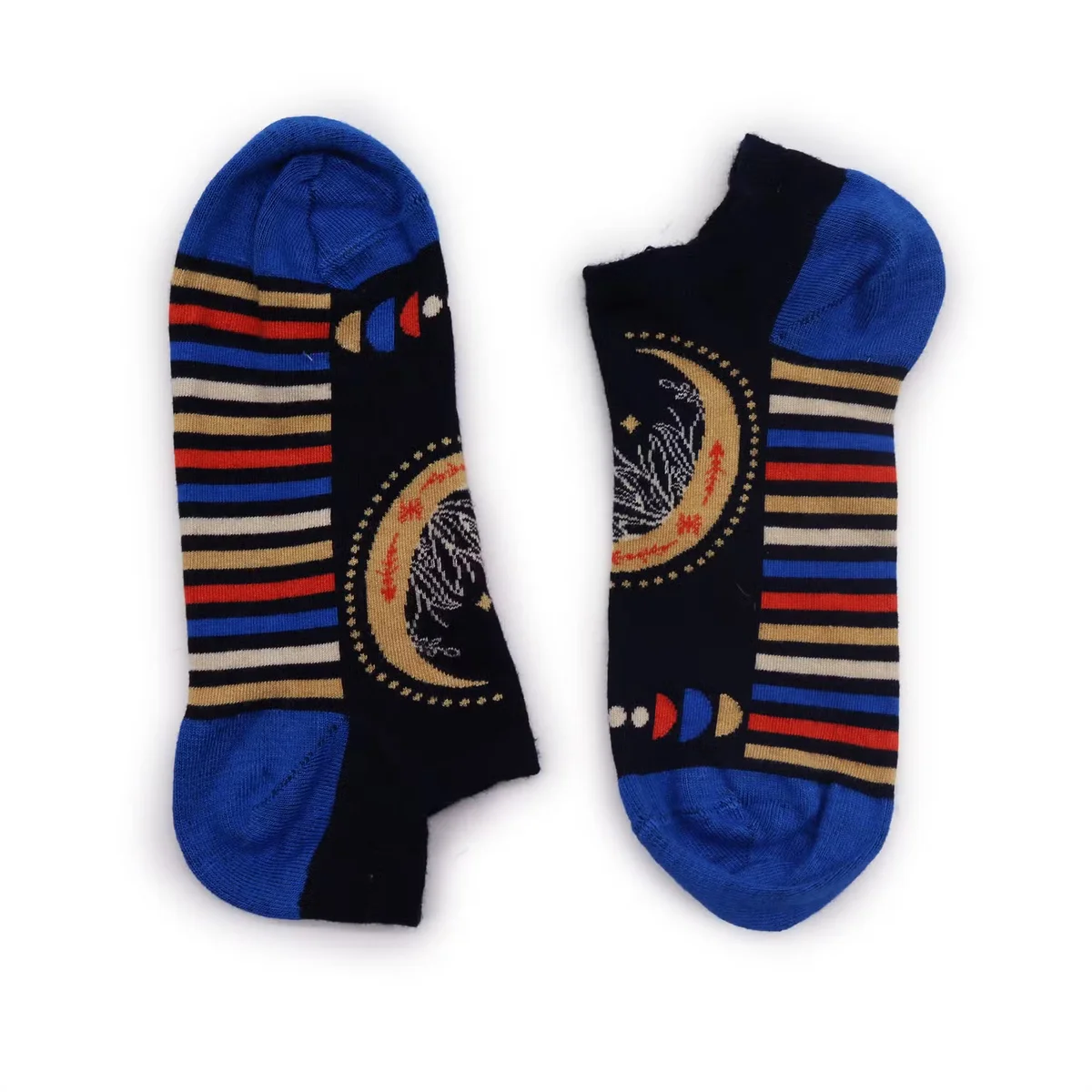 Pair of S/M Hop Hare bamboo low socks with lunar phases design, suitable for size 3.5-6.5 socks