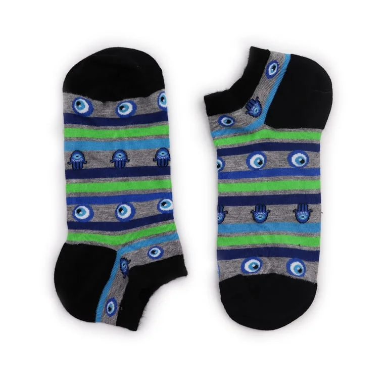 S/M bamboo socks, low cut, featuring Evil Eye and Hamsa designs in brown and white.